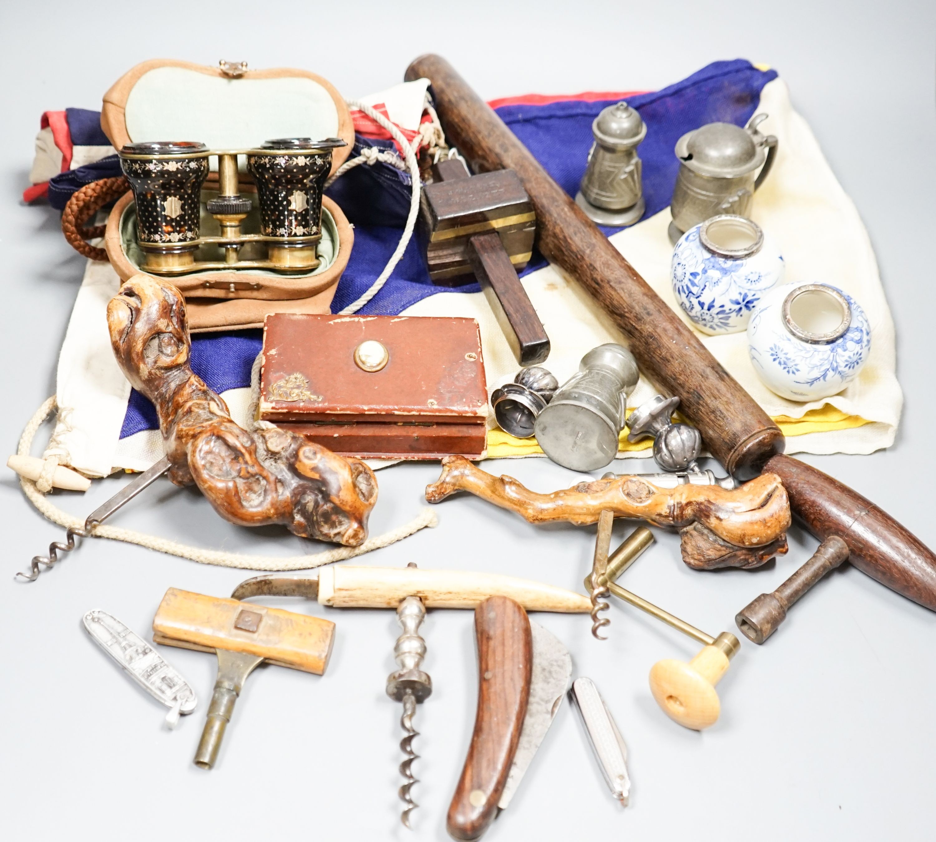 A carpenter's gauge stamped 'J. Waters', two rootwood-handled corkscrews, a Swiss clasp knife and sundry items